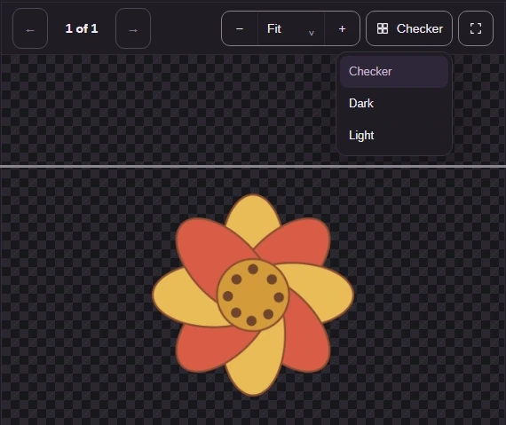 The flower PNG open in the Image Viewer over a checkerboard, with the Background menu open.