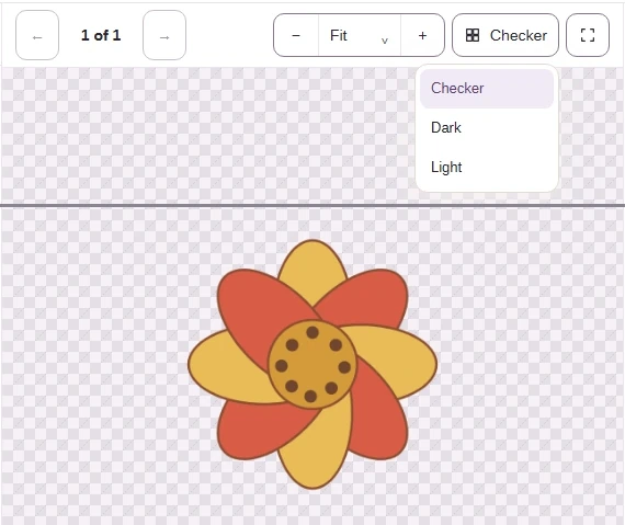 The flower PNG open in the Image Viewer over a checkerboard, with the Background menu open.