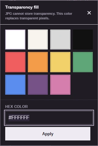 Transparency fill dialog with color swatches, a Hex color field, and Apply.