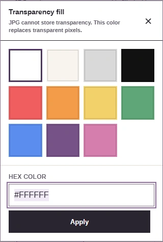 Transparency fill dialog with color swatches, a Hex color field, and Apply.