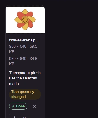 The finished JPG tile: the flower on white, with the note Transparent pixels use the selected matte and the label Transparency changed.