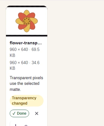 The finished JPG tile: the flower on white, with the note Transparent pixels use the selected matte and the label Transparency changed.