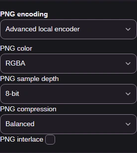 PNG encoding set to Advanced local encoder, with PNG color on RGBA.