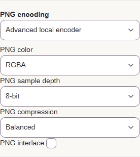 PNG encoding set to Advanced local encoder, with PNG color on RGBA.