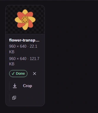 The finished PNG tile: the flower over a checkerboard, with both file sizes.