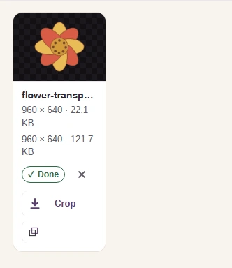 The finished PNG tile: the flower over a checkerboard, with both file sizes.
