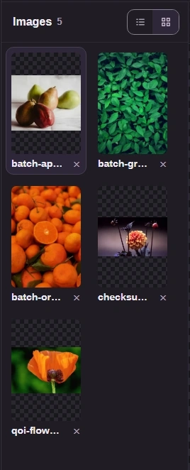 Grid view uses thumbnail tiles in the same explorer. The selected picture keeps its viewing area.