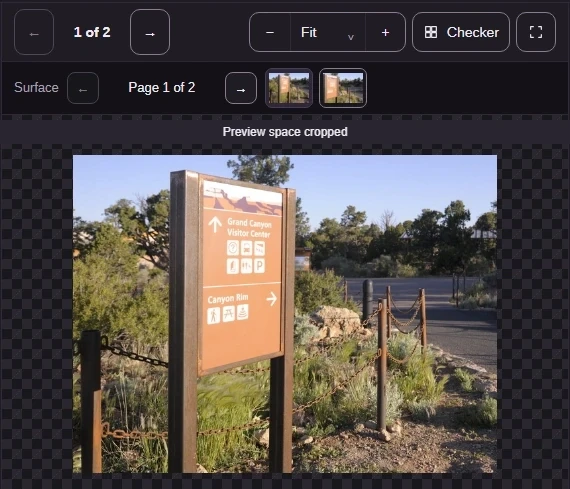 The TIFF opens at Page 1 of 2. Its page thumbnails sit above the picture.