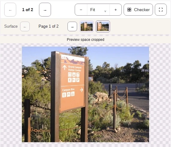 The TIFF opens at Page 1 of 2. Its page thumbnails sit above the picture.