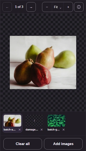 The phone thumbnail strip stays below the picture. Tap a thumbnail or use Next image to move through the collection.
