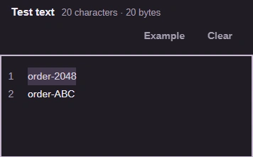 Test text contains order-2048 and order-ABC on separate lines; the numeric order is highlighted.