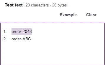 Test text contains order-2048 and order-ABC on separate lines; the numeric order is highlighted.