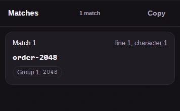 One match: order-2048, with Group 1: 2048 and the Copy button.