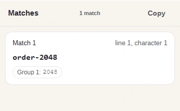 One match: order-2048, with Group 1: 2048 and the Copy button.
