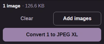 The JPEG XL command bar with Convert 1 to JPEG XL ready.