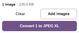 The JPEG XL command bar with Convert 1 to JPEG XL ready.