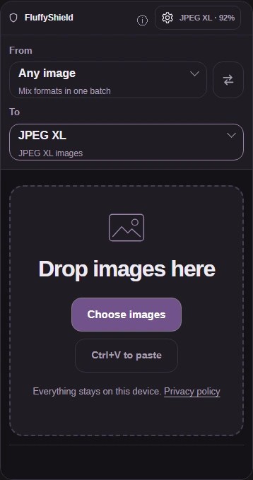 JPEG XL workspace with Choose images, To JPEG XL and the Settings button.