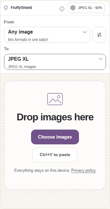 JPEG XL workspace with Choose images, To JPEG XL and the Settings button.