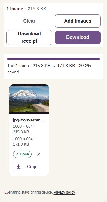 Completed JXL result, output size and Download.