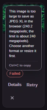 Real JPEG XL refusal with Details open, showing the image pixel count and the device limit.