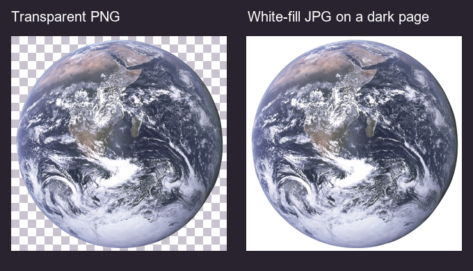 The transparent Earth source over a checkerboard, beside the whole white-fill JPG placed on an illustrated dark page.