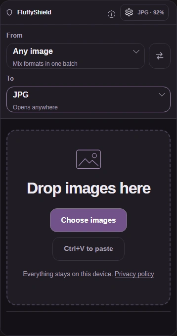 JPG workspace with Choose images, To JPG, and the Settings button.