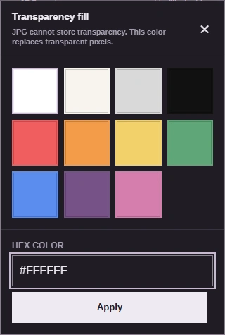 Transparency fill dialog with presets, Hex color #FFFFFF, and Apply.