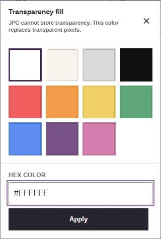 Transparency fill dialog with presets, Hex color #FFFFFF, and Apply.