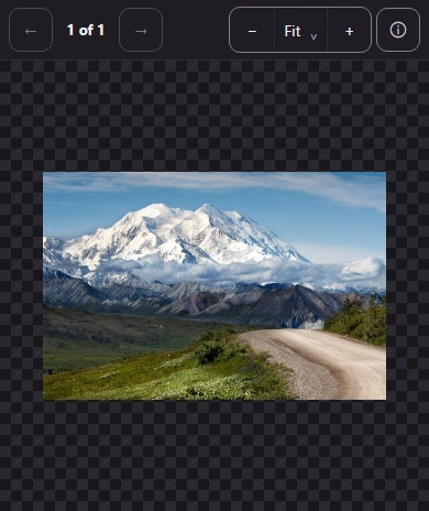 The downloaded mountain JPG open in FluffyBench's Image viewer, with Fit and zoom controls above the picture.