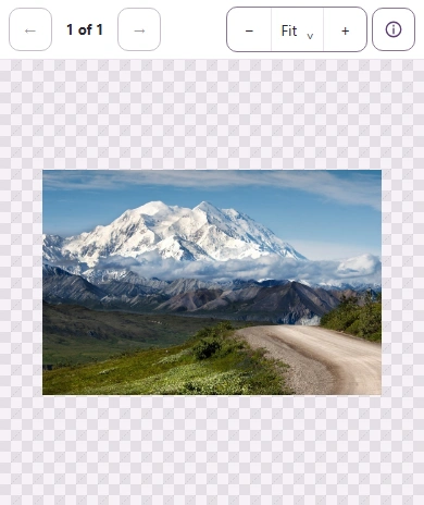 The downloaded mountain JPG open in FluffyBench's Image viewer, with Fit and zoom controls above the picture.