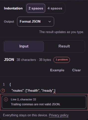 FluffyBench JSON formatter with Format JSON selected, the Input tab and the broken routes object.