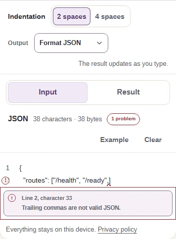 FluffyBench JSON formatter with Format JSON selected, the Input tab and the broken routes object.