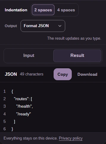 The Result tab shows the valid routes object, with Copy and Download available.