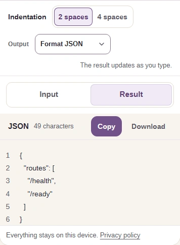 The Result tab shows the valid routes object, with Copy and Download available.