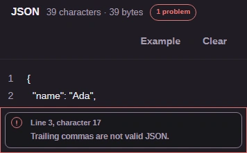 A trailing comma stops this JSON from formatting.