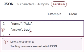 JSON input with the trailing-comma problem selected.