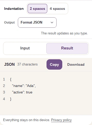 The complete corrected JSON result, including its closing brace.