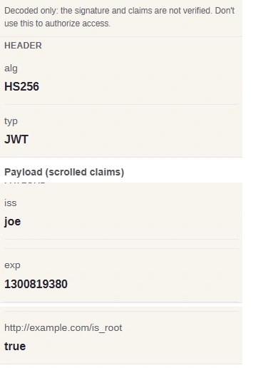The published JWT decoded into Header alg HS256 and typ JWT, and Payload iss joe, exp 1300819380 and http://example.com/is_root true, beneath the unverified notice.
