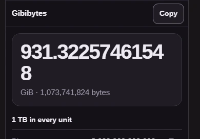 The result, 931.32257461548 gibibytes, with Copy above it.