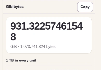 The result, 931.32257461548 gibibytes, with Copy above it.