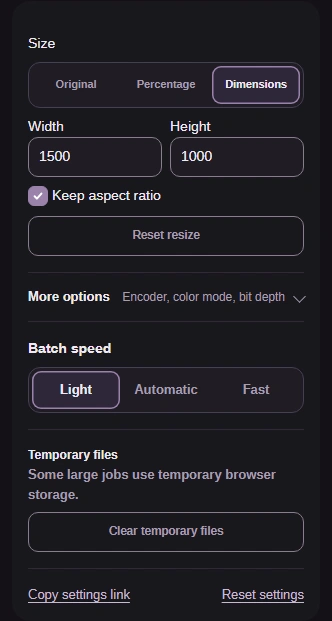PNG settings with Size set to Dimensions, width 1500, height 1000, Keep aspect ratio checked and Batch speed Light.