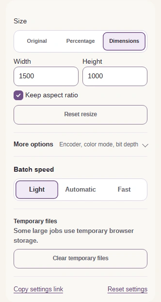 PNG settings with Size set to Dimensions, width 1500, height 1000, Keep aspect ratio checked and Batch speed Light.