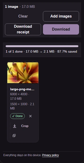 Completed flower PNG with source and output dimensions, file sizes and Download.