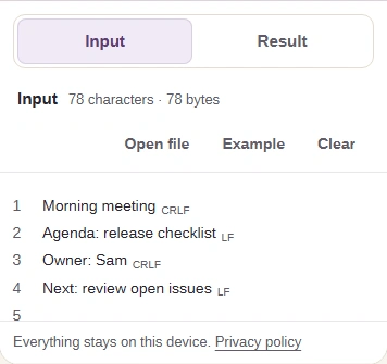 Opened meeting notes with their original LF and CRLF markers beside each line.