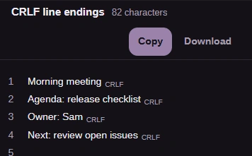 Result pane with CRLF markers, the character count, Copy and Download controls.