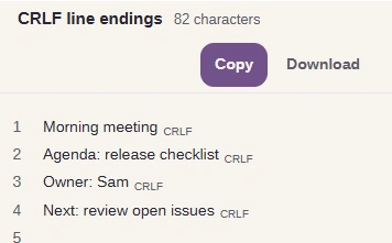 Result pane with CRLF markers, the character count, Copy and Download controls.