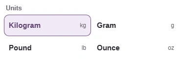 The From picker lists Kilogram, Gram, Pound and Ounce, with oz beside Ounce.
