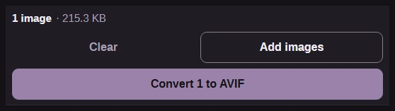Convert 1 to AVIF button ready for the selected photo.
