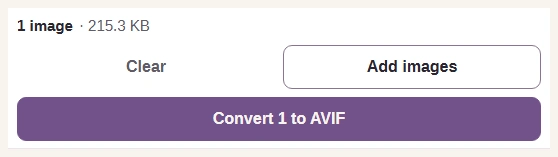 Convert 1 to AVIF button ready for the selected photo.