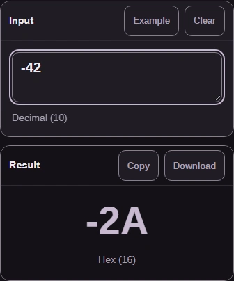 From Decimal (10) to Hex (16): the input -42 gives the result -2A.